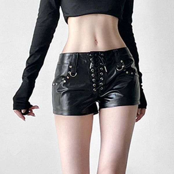 PU leather lace up short pant