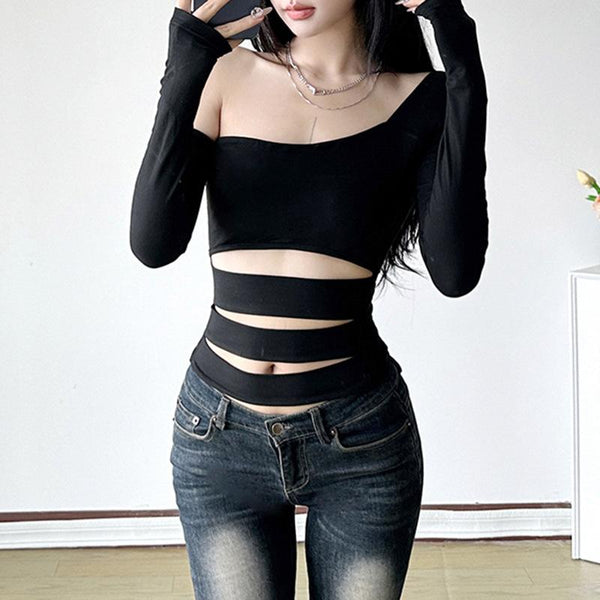 One shoulder long sleeve hollow out top