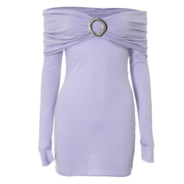 Long sleeve off shoulder buckle ruched mini dress