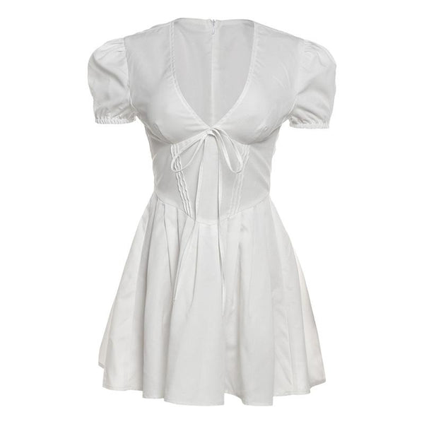 Puff sleeve v neck bowknot zip-up mini dress