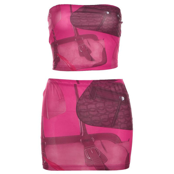 Print backless tube mini skirt set