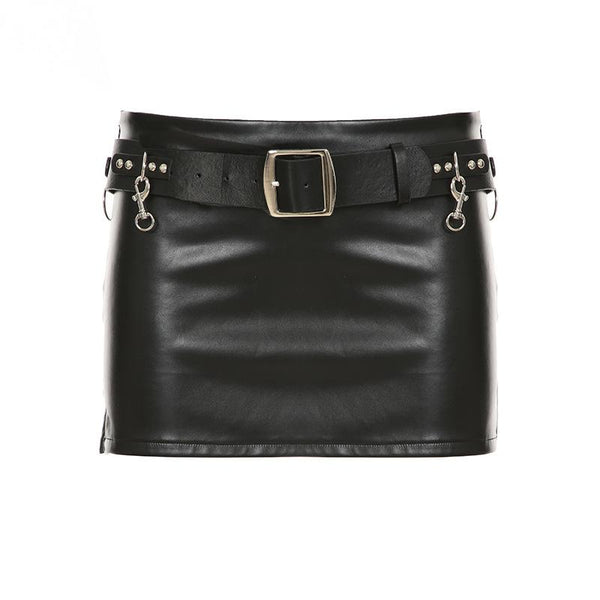 PU leather belt buckle mini skirt