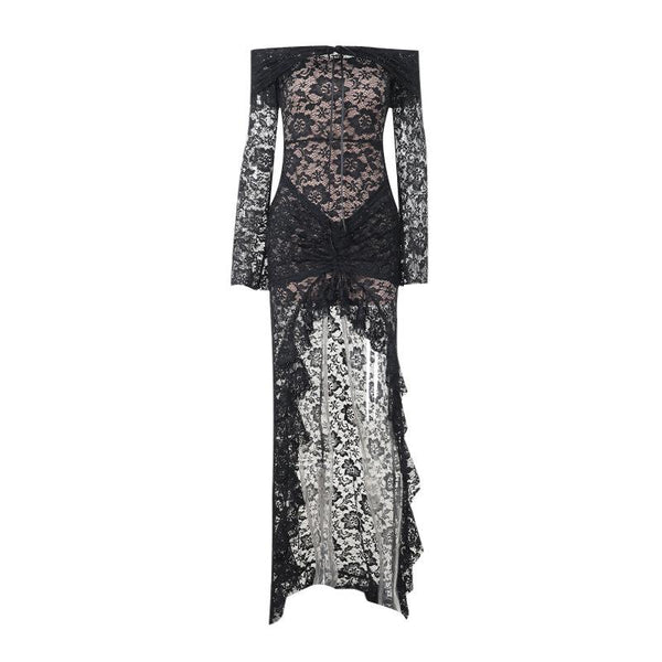 Off shoulder long sleeve lace ruched maxi dress