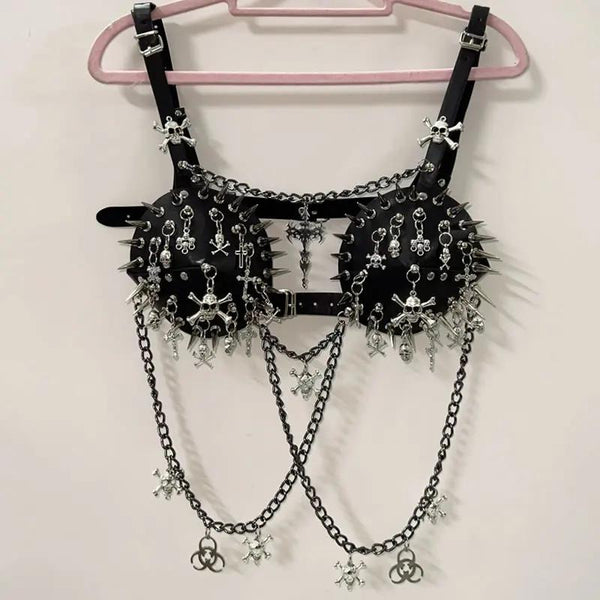 Metal chain rivet skull applique buckle cami top