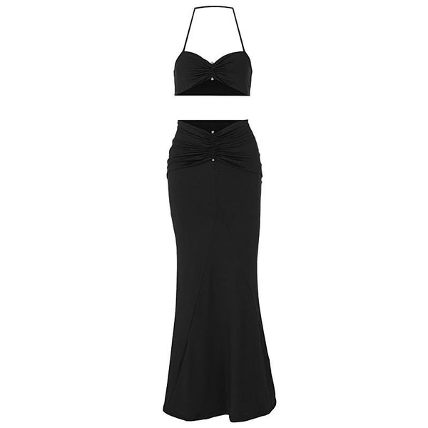 Halter sweetheart neck ruched maxi skirt set