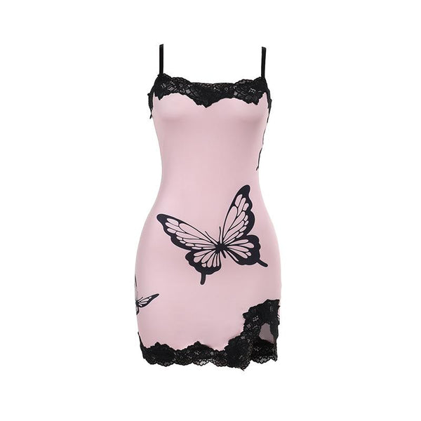 Lace hem butterfly print slit cami mini dress