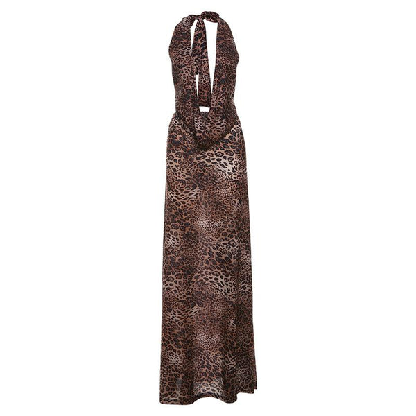Halter deep v neck leopard print maxi skirt set