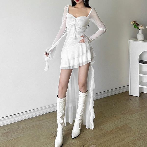 Long flared sleeve irregular mesh ruched mini dress