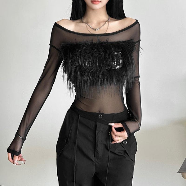 Long sleeve off shoulder feather letter embroidery top