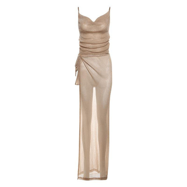 Cowl neck metallic high slit cami maxi skirt set