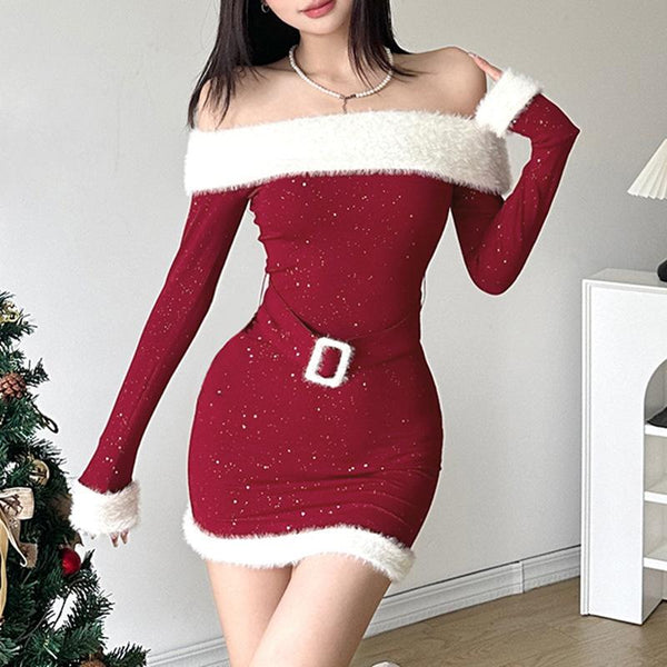 Off shoulder long sleeve beaded fluffy belt mini dress