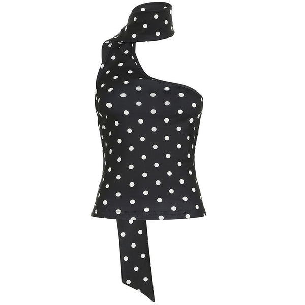 Irregular polka dot halter backless one shoulder top