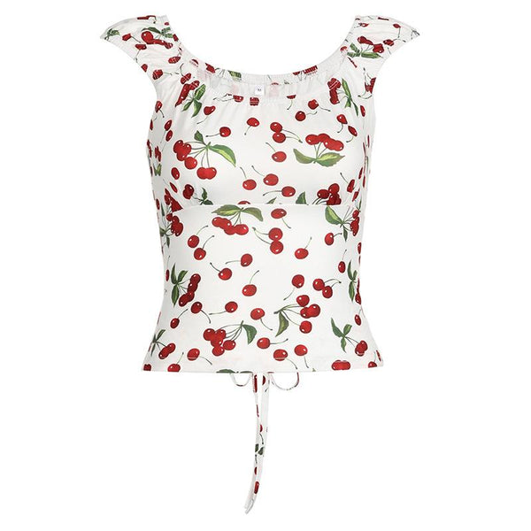 Cap sleeve u neck cherry print lace up top