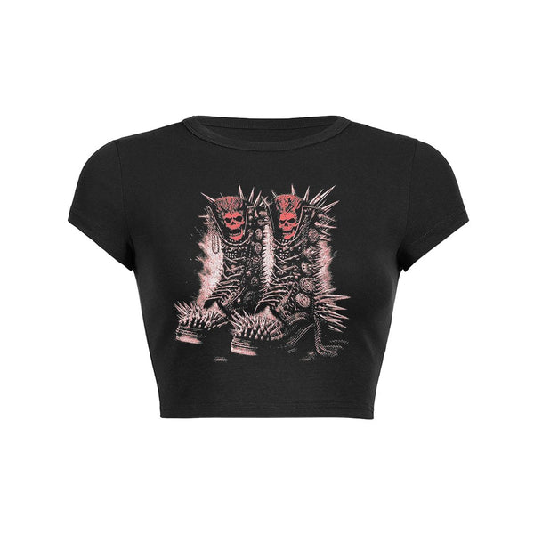 Spiked Skull Boots Crop Top Baby Tee