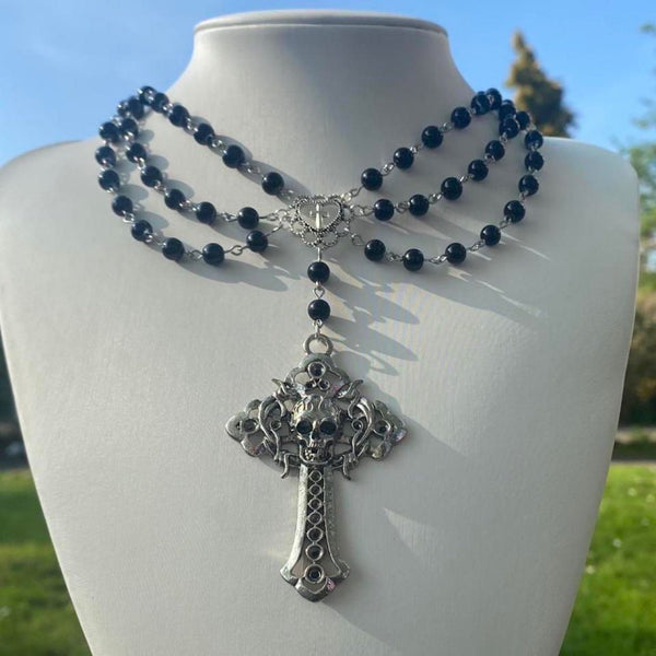 Layered cross pendant beaded choker necklace