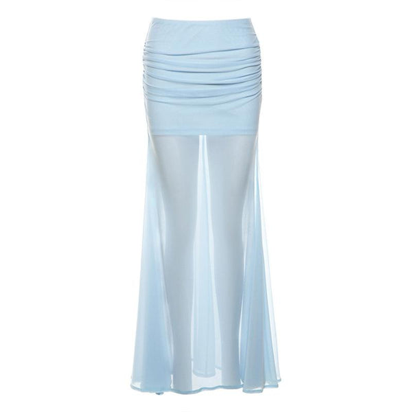 Ruched mesh patchwork solid maxi skirt