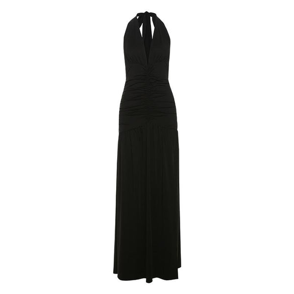 Halter deep v neck ruched backless maxi dress