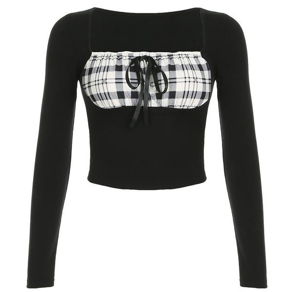 Long sleeve square neck plaid self tie top