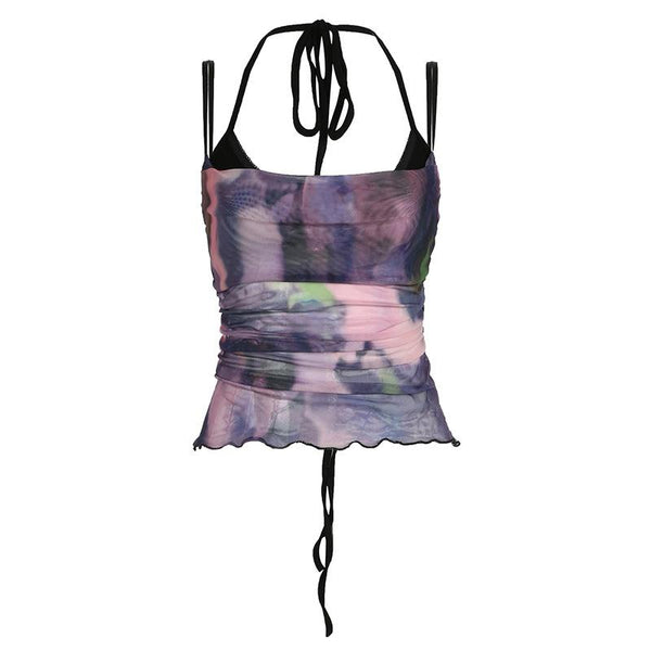 Halter tie dye mesh ruched 2 piece top