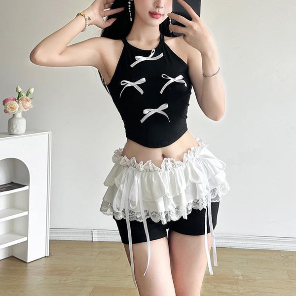 Lace hem ruched bowknot ribbon short pant