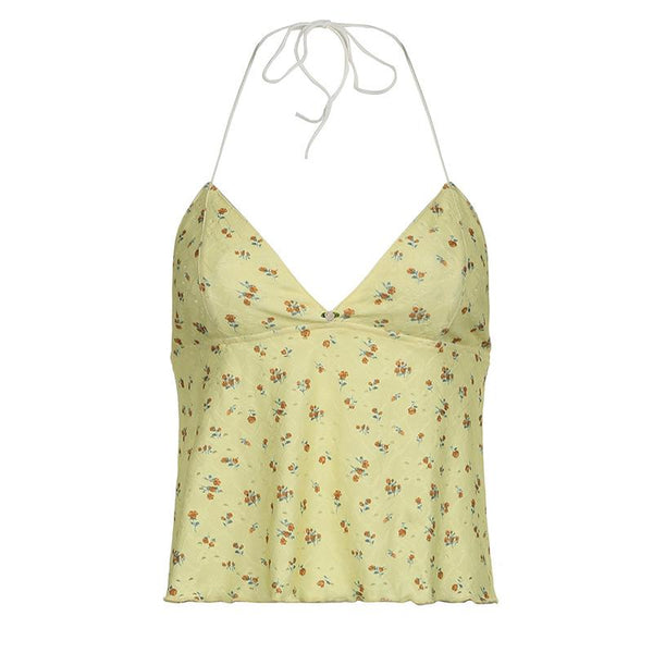 Halter v neck flower print backless textured top