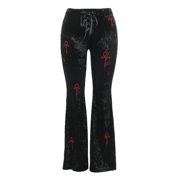 Lace up velvet embroidery medium rise pant