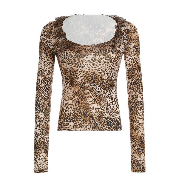 Long sleeve leopard print ruffle top