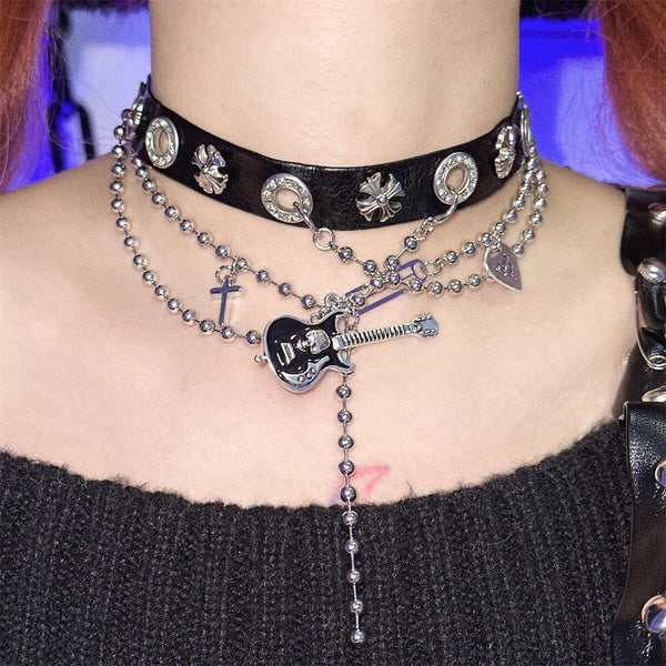 Guitar decor metal chain PU leather cross choker necklace