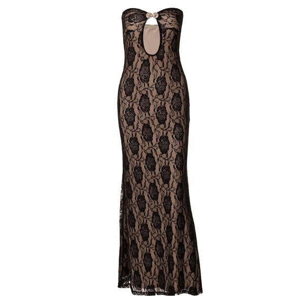 Metal applique hollow out lace tube maxi dress