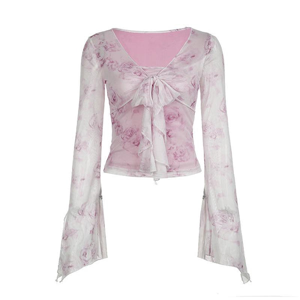 Long flared sleeve v neck mesh flower print top