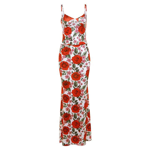 V neck flower print cami maxi skirt set