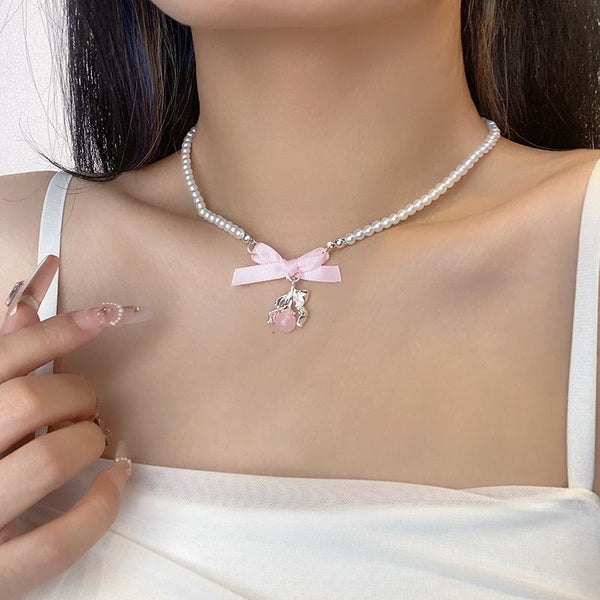 Bowknot faux pearl pendant choker necklace