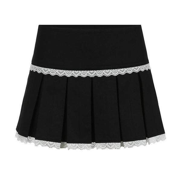 Lace hem pleated zip-up mini skirt