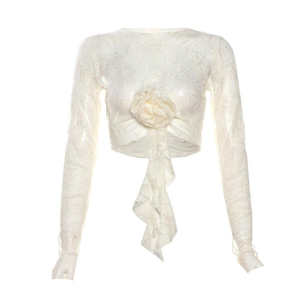 Long sleeve lace flower applique crop top