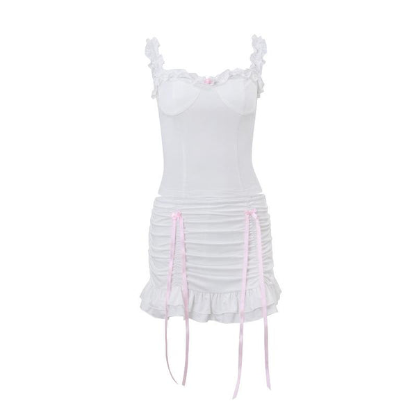 Ruffle ruched bowknot ribbon stitch cami skirt set