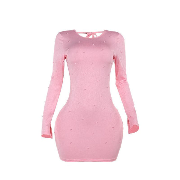 Crewneck long sleeve beaded backless mini dress