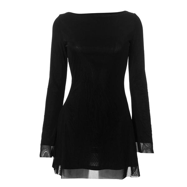 Long sleeve round neck self tie backless mini dress