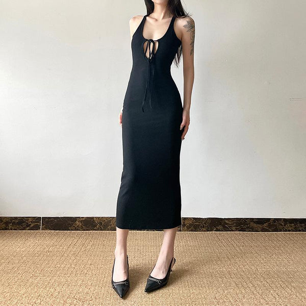 U neck self tie hollow out solid maxi dress