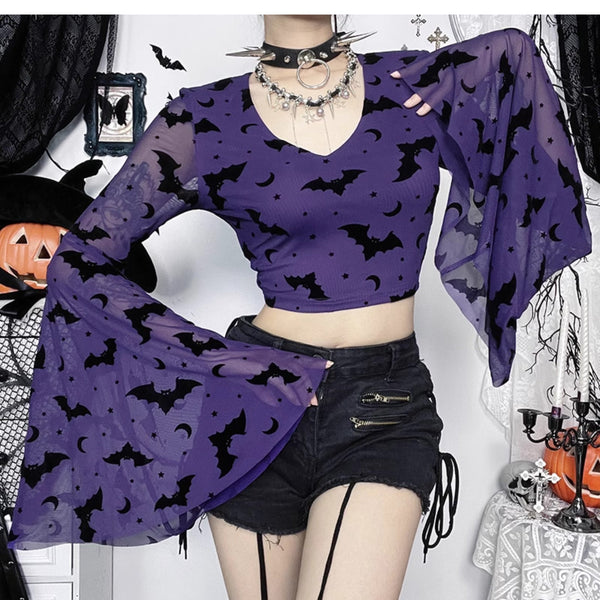 Long flared sleeve v neck pipistrello print mesh top