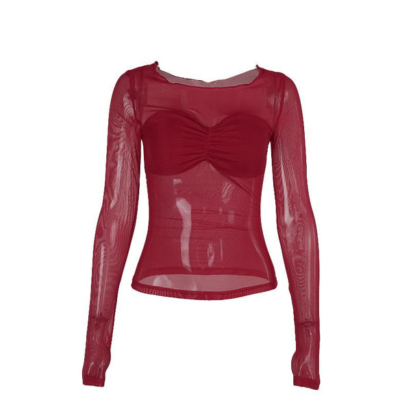 Long sleeve mesh ruched solid top