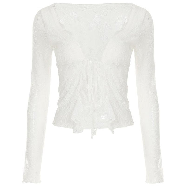 Long sleeve lace ruffle irregular self tie top