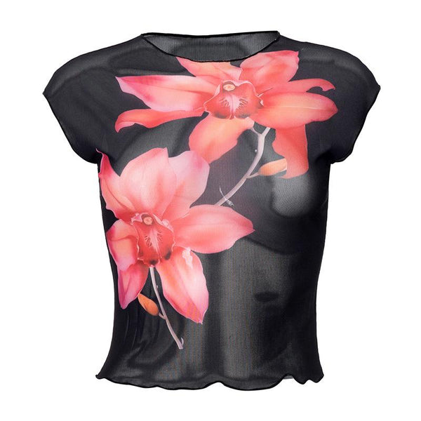 Short sleeve flower print sheer mesh top