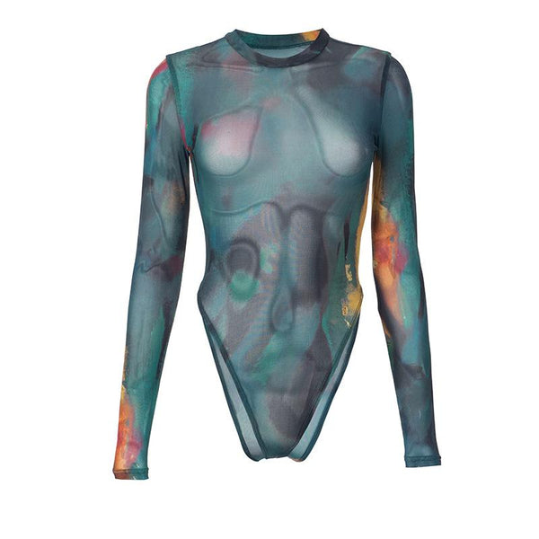 Long sleeve crewneck sheer mesh button print bodysuit