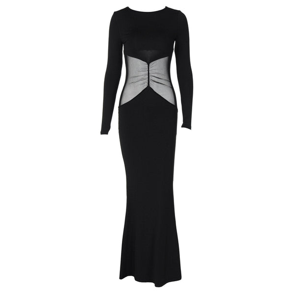 Long sleeve crewneck mesh patchwork maxi dress