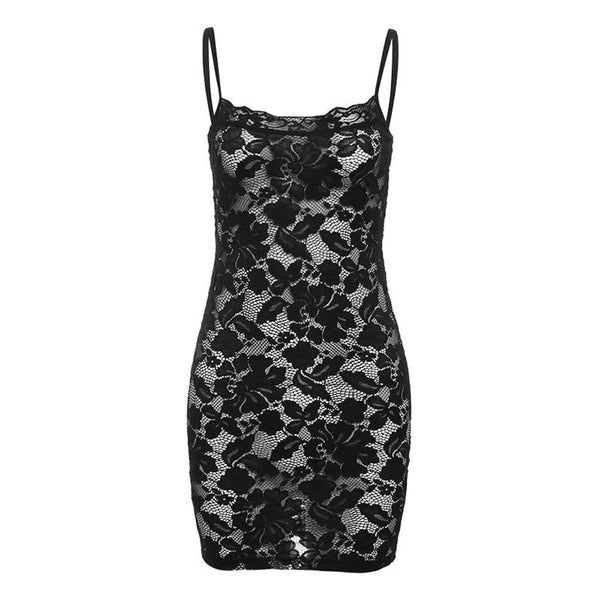 Lace hollow out see through u neck cami mini dress