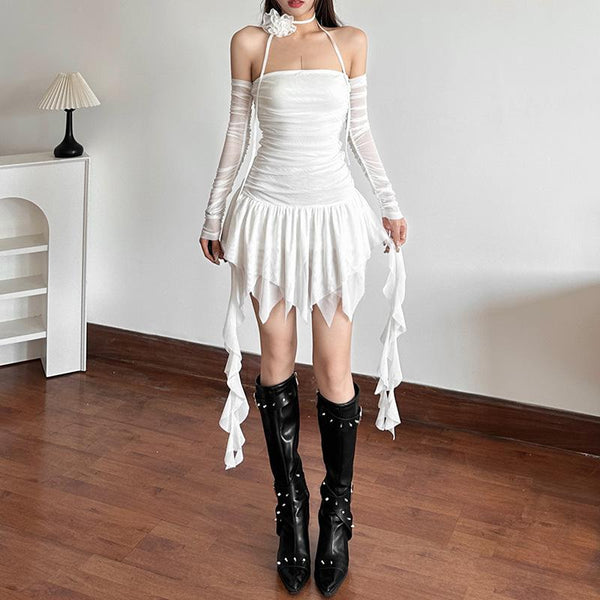 Off shoulder ruched long sleeve solid mini dress