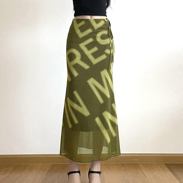 Mesh letter print hollow out self tie maxi skirt