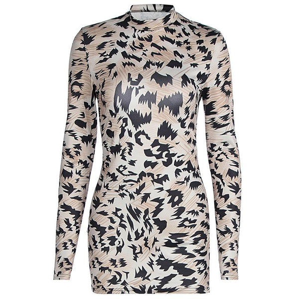 Long sleeve crewneck print backless mini dress