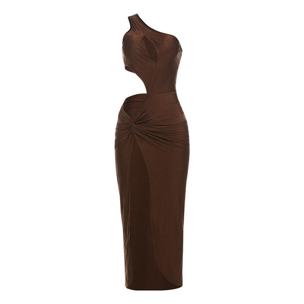 One shoulder hollow out ruched high slit midi dress