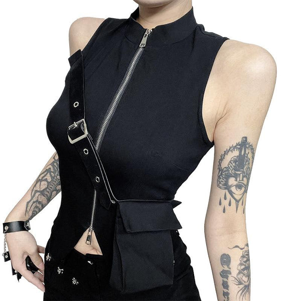 High neck sleeveless zip-up buckle crop top